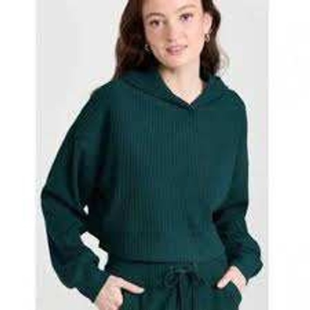 Alo Yoga Muse Hoodie Teal Green Ribbed Cropped Pullover Sweatshirt Womens Size M